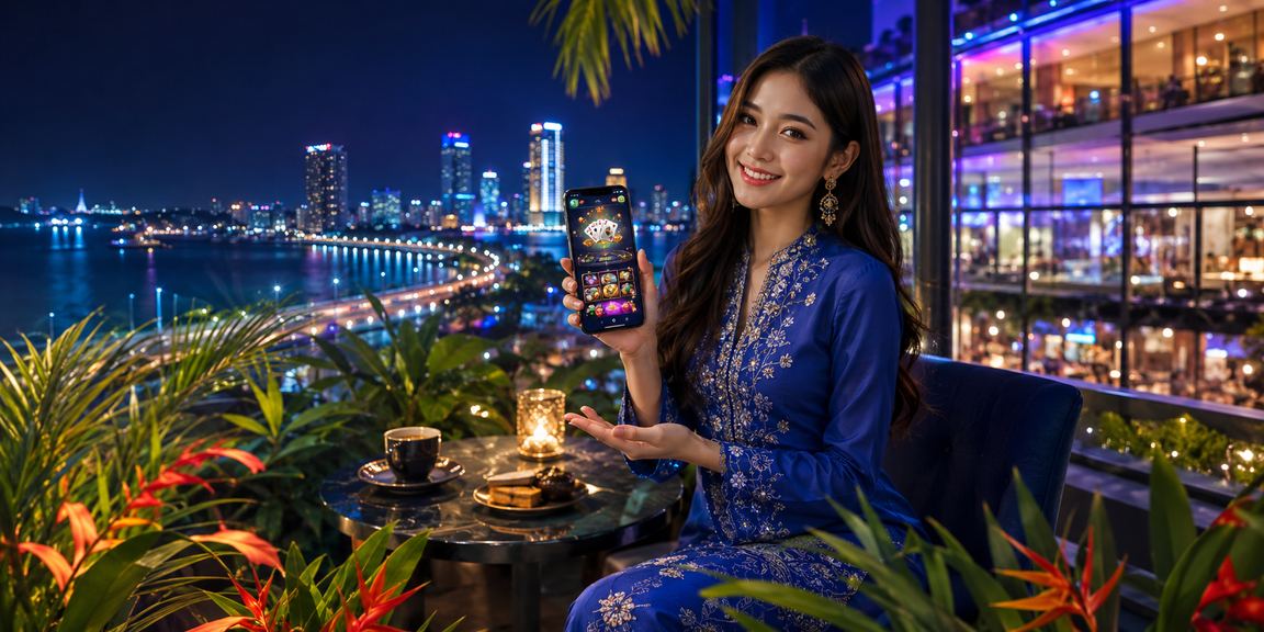 Pemain wanita berbaju kurung dari Johor mengakses meja kasino blackjack dalam talian rt2 melalui telefon